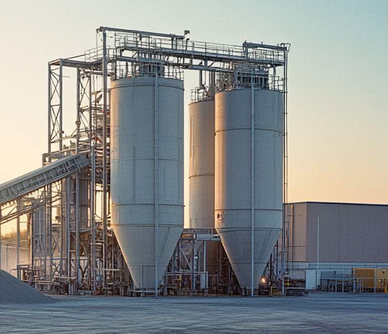 Batch plant silos and conveyor at first light, aggregate stockpiles in the yard